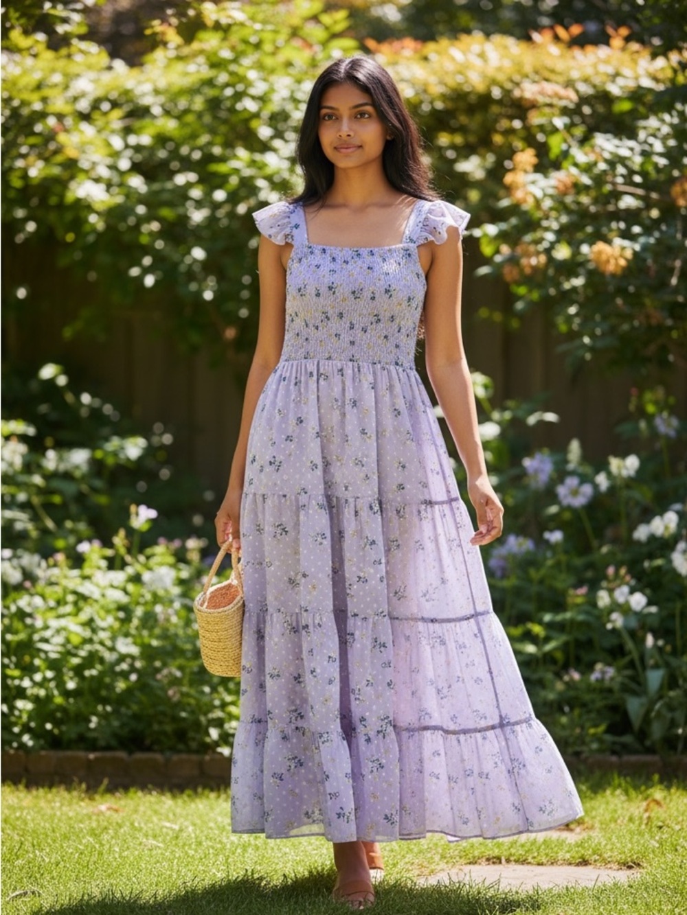 Rare Editions Lavender Floral Maxi Dress with Ruffle Straps